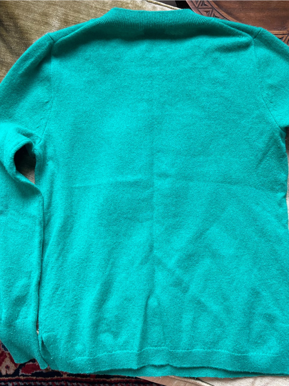 J. Crew Green Crewneck cashmere Sweater with White "Salut!" Script - Picture 3 of 5